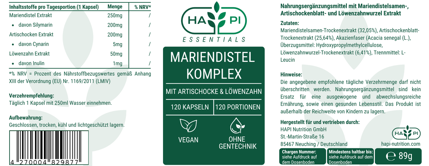 Mariendistel Artischocke Löwenzahn Komplex - 120 Kapseln