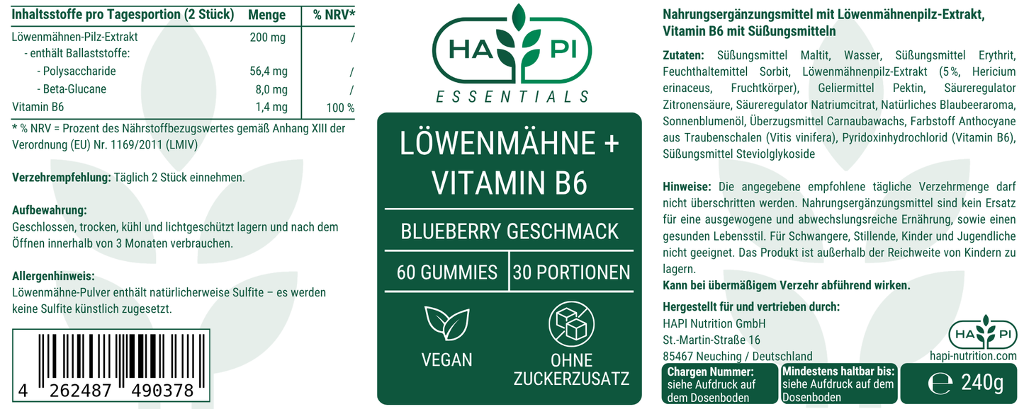 Löwenmähne + Vitamin B6 Gummies