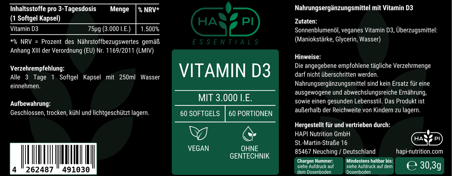 Vitamin D3 3.000 I.E - 60 vegane Softgels
