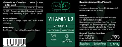 Vitamin D3 3.000 I.E - 60 vegane Softgels