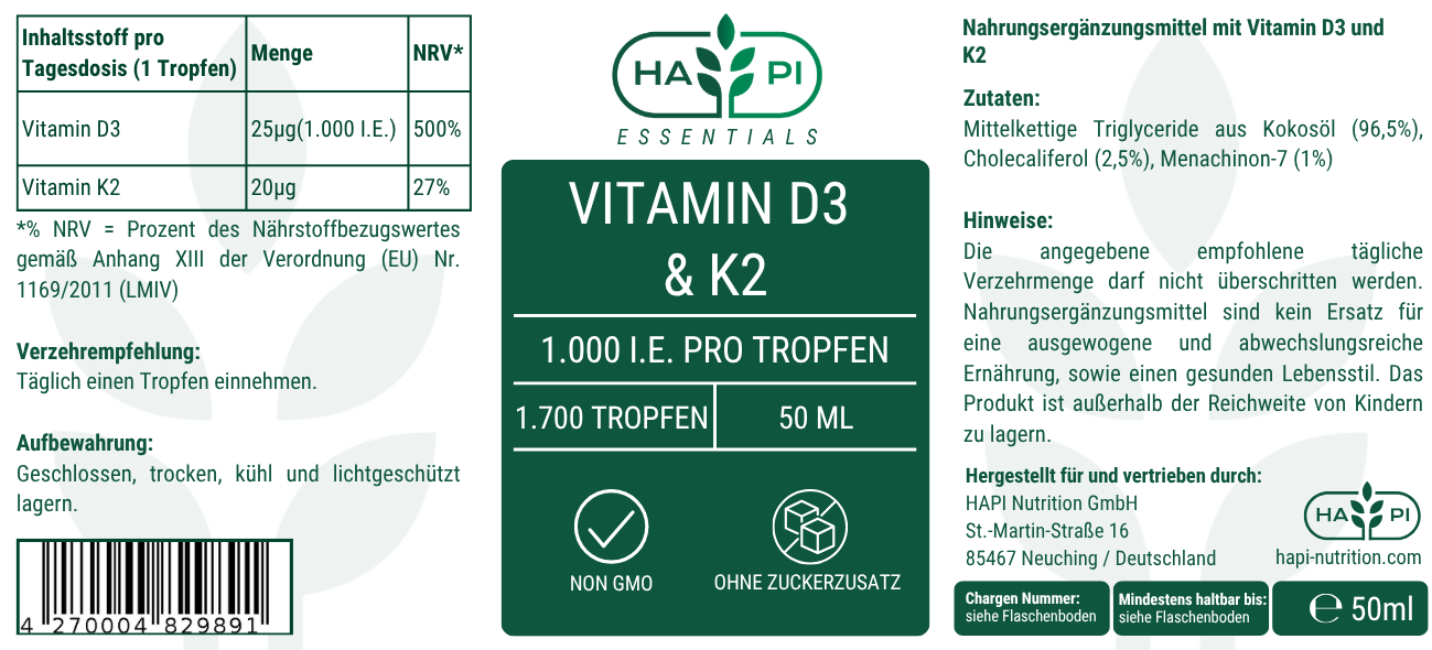 Vitamin D3 + K2 - 1.700 Tropfen (1.000 I.E.) - 50ml