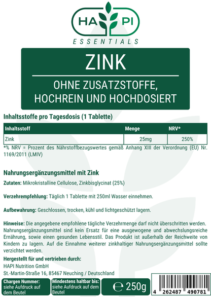 Zink Bisglycinat (25mg) - 500 Tabletten